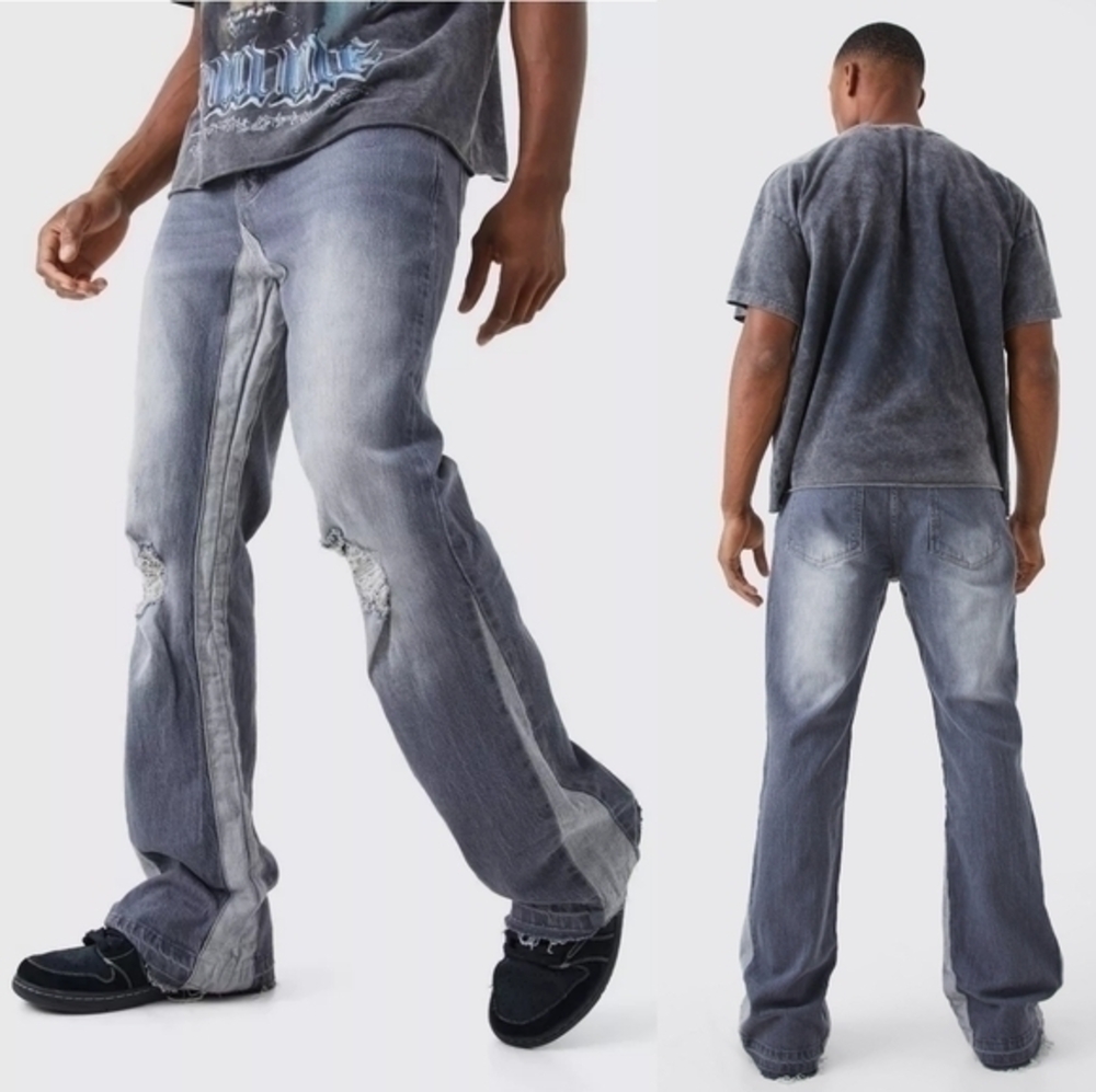 Boohoo Men's Relaxed Rigid Gusset Flare Washed Ripped Jeans